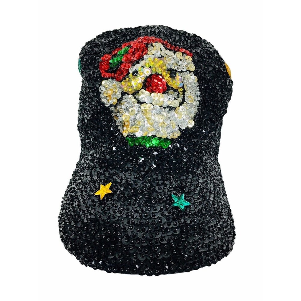 Vintage 80s Santa Claus Christmas Black Beaded Sequined Blingy Sparkle Stars Hat
